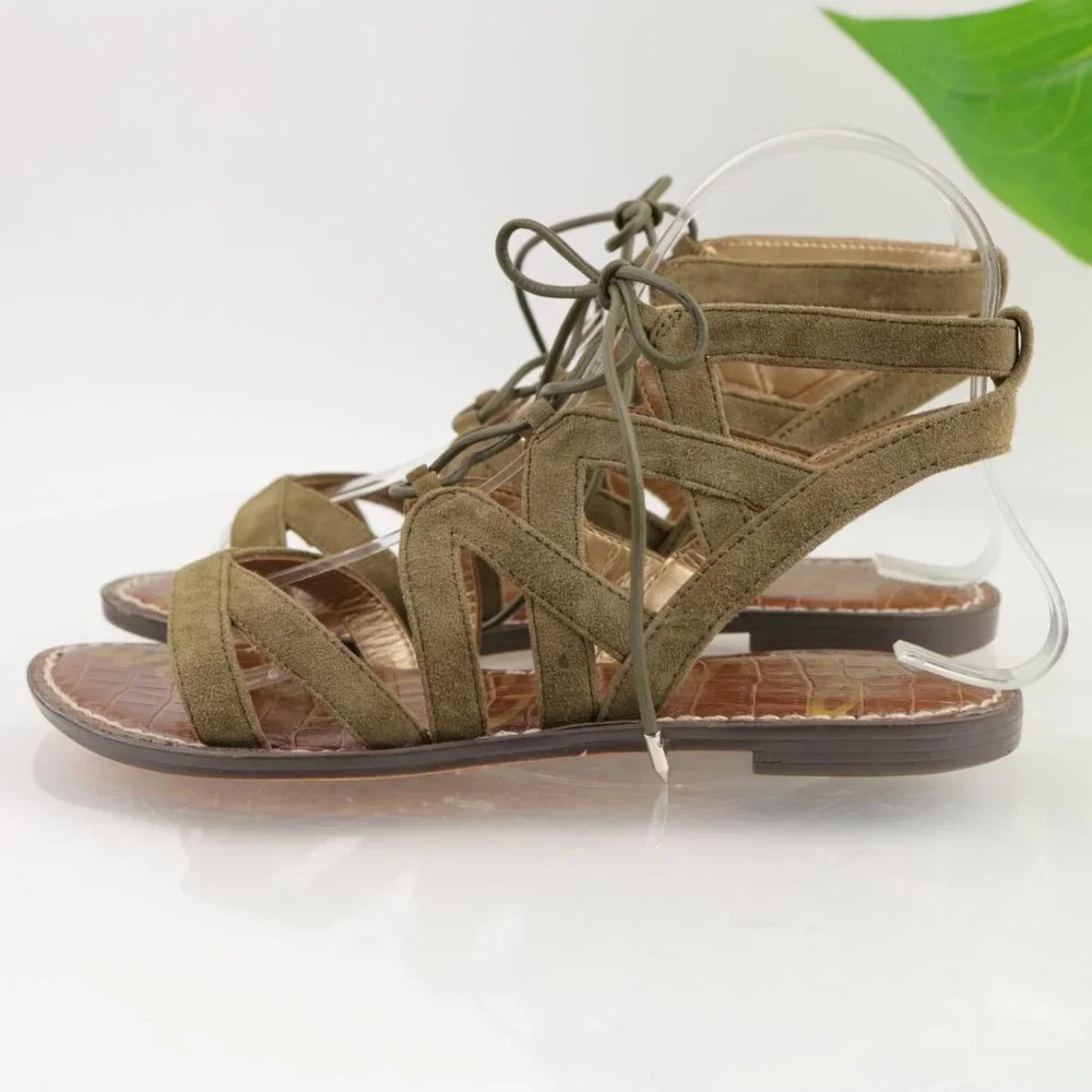 Sam Edelman Womens Gemma Sandals Size 5.5 Olive Green Suede Lace Up Flat Shoes